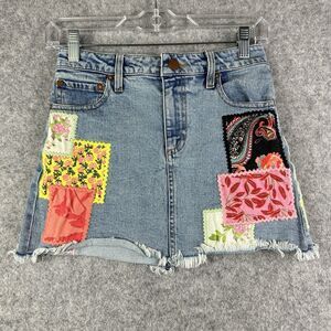 Alice + Olivia Route 66 Patchwork Mini Skirt Womens 26 Blue Denim High Rise Boho